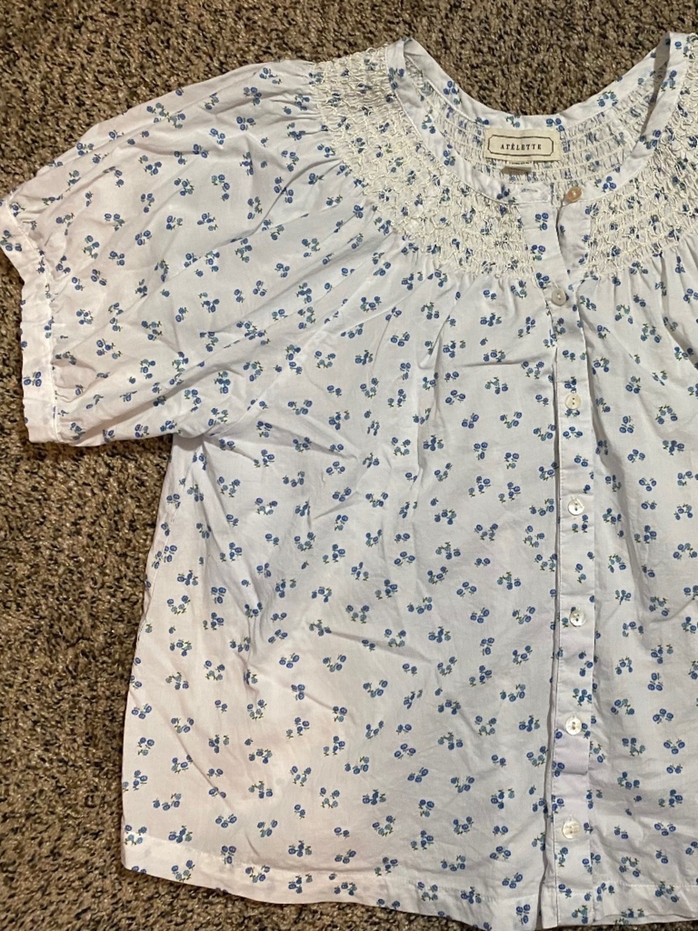 Atelette Size 42 White Blouse with Blue Floral Pattern